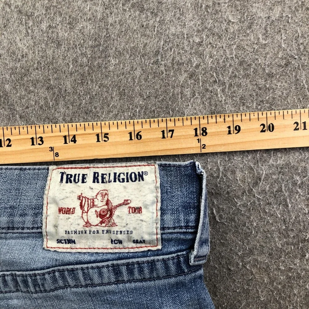 True Religion Jeans Mens 36x33 Blue Light Wash Regular Straight Moto Biker Denim